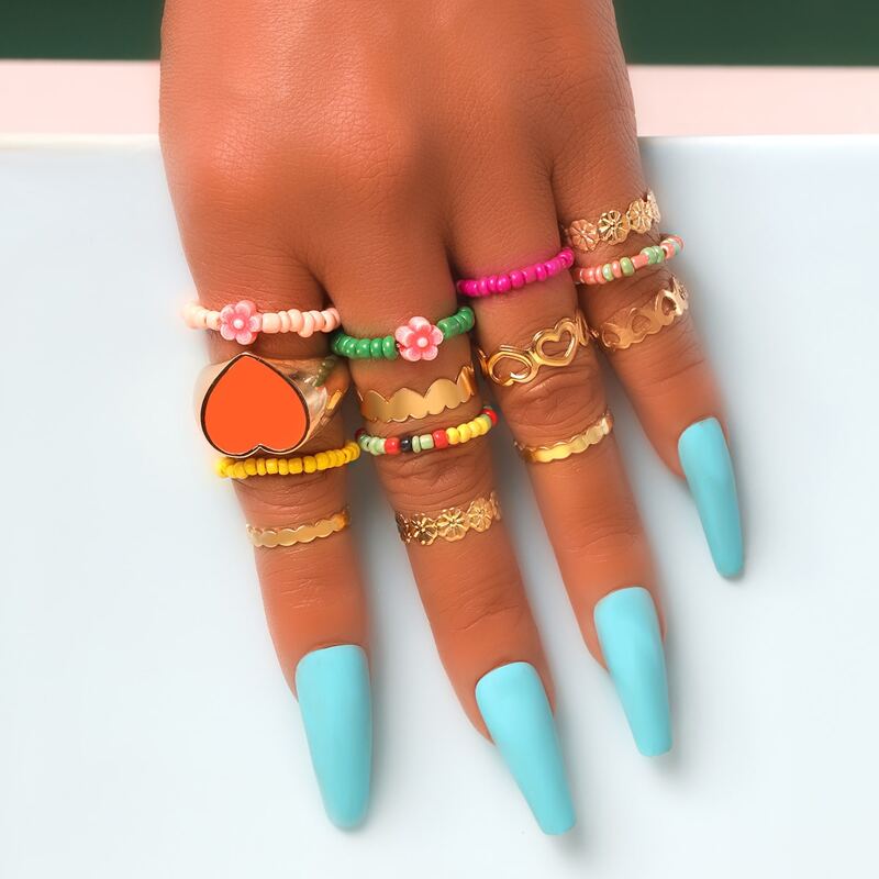 

14pcs Heart & Flower Decor Ring, Multicolor