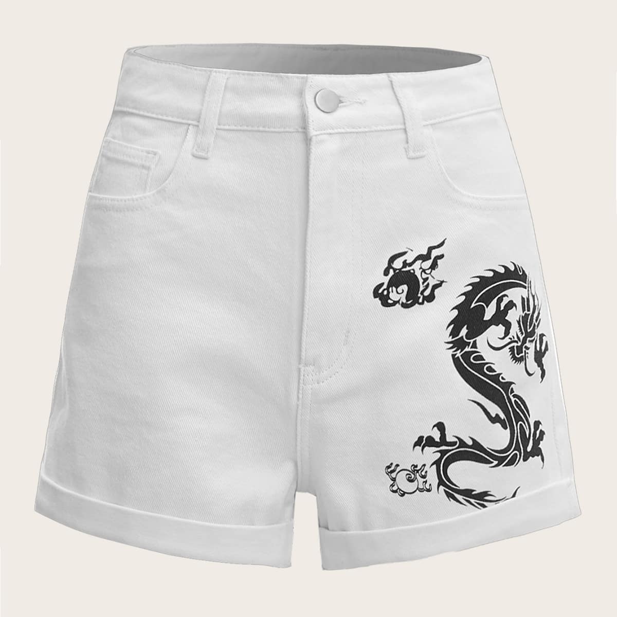 

Rolled Hem Chinese Dragon Print Denim Shorts, White