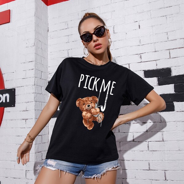 

Bear And Slogan Graphic Tee, Black