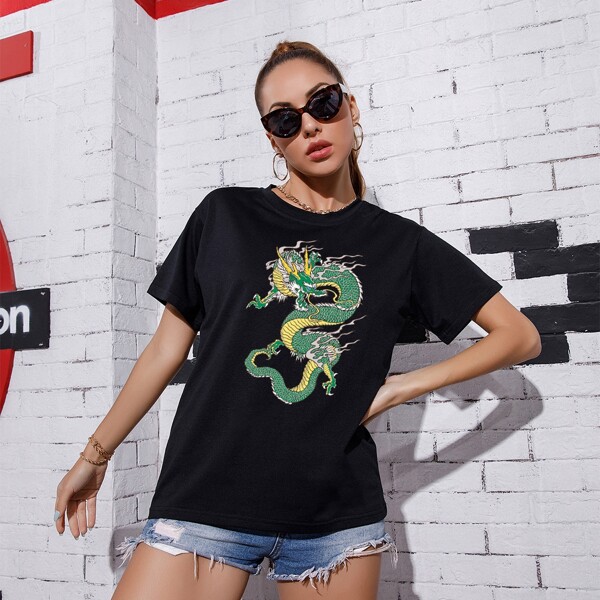 

Chinese Dragon Print Tee, Black