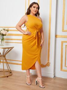 Modelyn Vestido De Talla Extra Con Un Solo Hombro, Con Cinturón Y Dobladillo Envolvente - Mostaza Amarilla - Ver 4