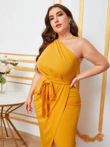 Modelyn Vestido De Talla Extra Con Un Solo Hombro, Con Cinturón Y Dobladillo Envolvente - Mostaza Amarilla - Ver 5