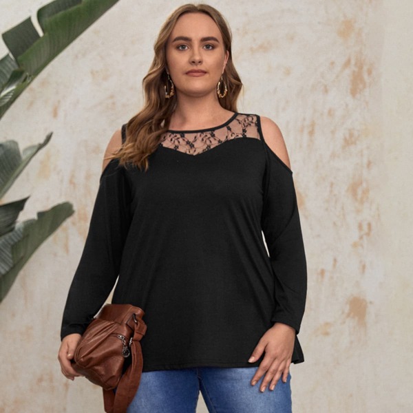 

Plus Contrast Lace Cold Shoulder Tee, Black