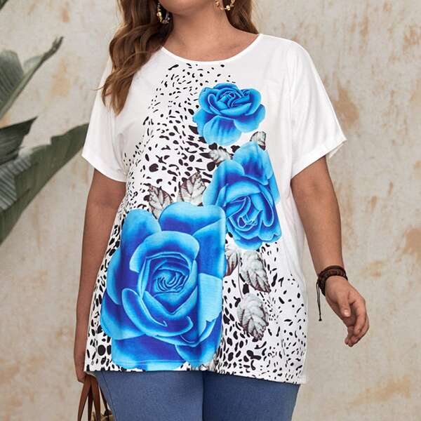 

Plus Large Floral Print Tee, White
