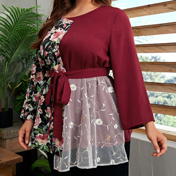 

Plus Contrast Embroidered Mesh Panel Self Belted Splice Top, Multicolor