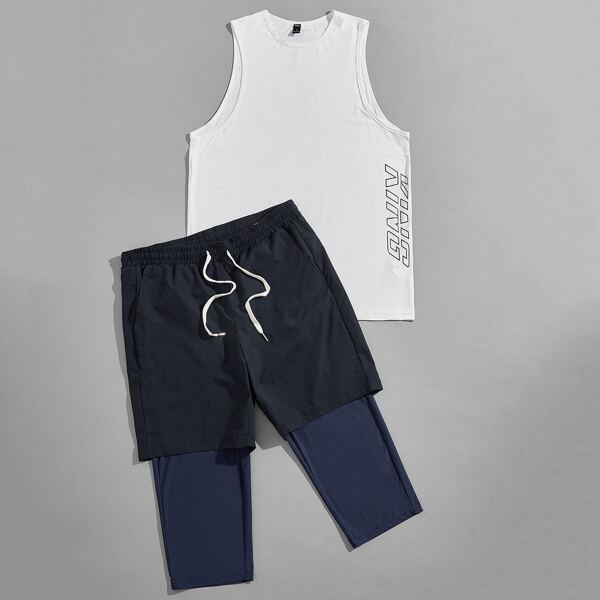 

Men Letter Graphic Tank Top and 2 In 1 Shorts Set, Blue and white