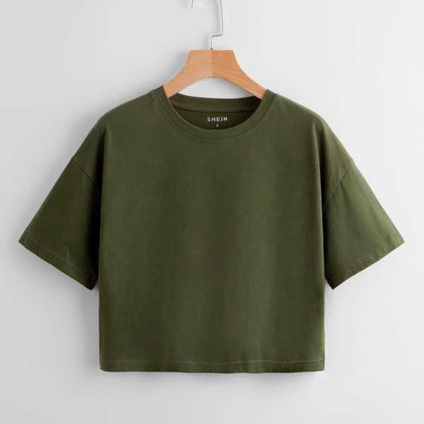 

Solid Drop Shoulder Crop Tee, Army green
