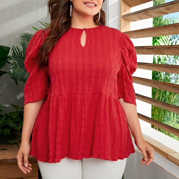 

Plus Keyhole Front Puff Sleeve Peplum Top, Red