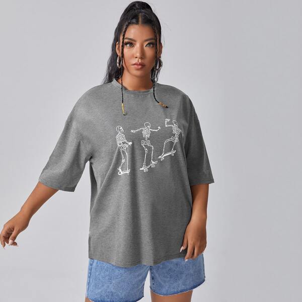 

Plus Skull Print Drop Shoulder Tee, Dark grey