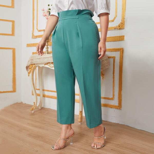 

Plus Paperbag Waist Solid Pants, Cadet blue