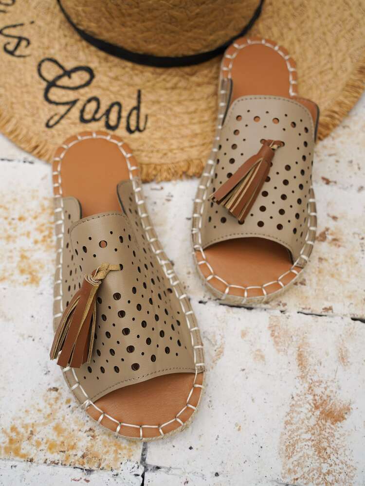 Tassel Decor Hollow Out Slide Sandals - Khaki - View 2
