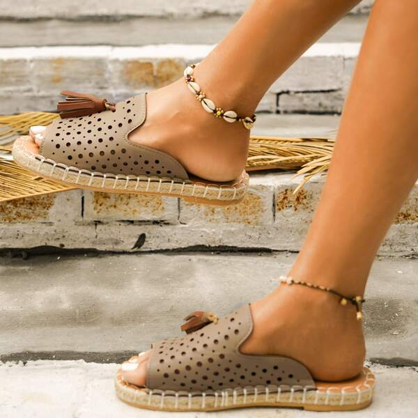 

Tassel Decor Hollow Out Slide Sandals, Khaki