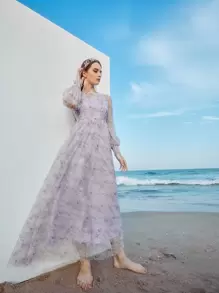 Mulvari All Over Floral Print Shirred Cuff A-line Dress - Lilac Purple - View 1