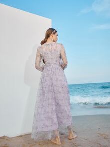 Mulvari All Over Floral Print Shirred Cuff A-line Dress - Lilac Purple - View 2