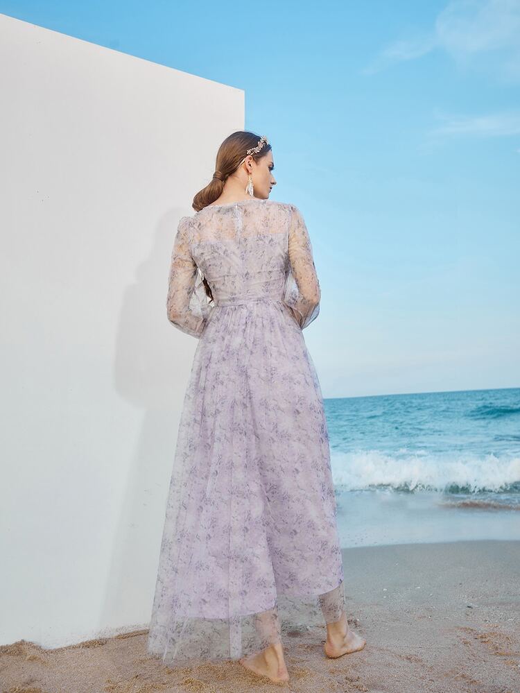 Mulvari 滿版印花打褶袖口A字型連衣裙 - 紫丁香色 - 查看 2