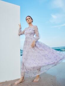 Mulvari All Over Floral Print Shirred Cuff A-line Dress - Lilac Purple - View 4