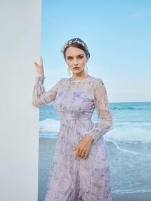 Mulvari All Over Floral Print Shirred Cuff A-line Dress - Lilac Purple - View 5