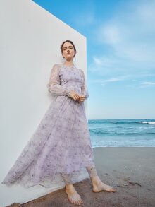 Mulvari All Over Floral Print Shirred Cuff A-line Dress - Lilac Purple - View 6