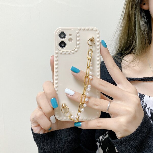

Faux Pearl Hand Strap Phone Case, Beige