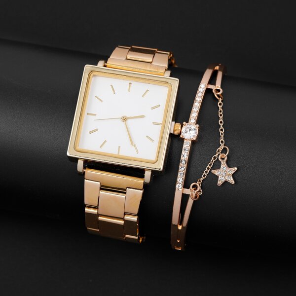 

1pc Square Pointer Quartz Watch With 1pc Bracelet