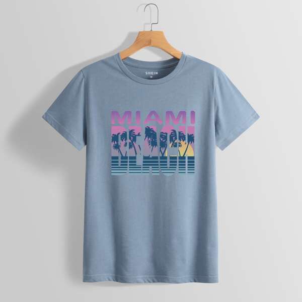 

Letter And Tropical Print Tee, Dusty blue