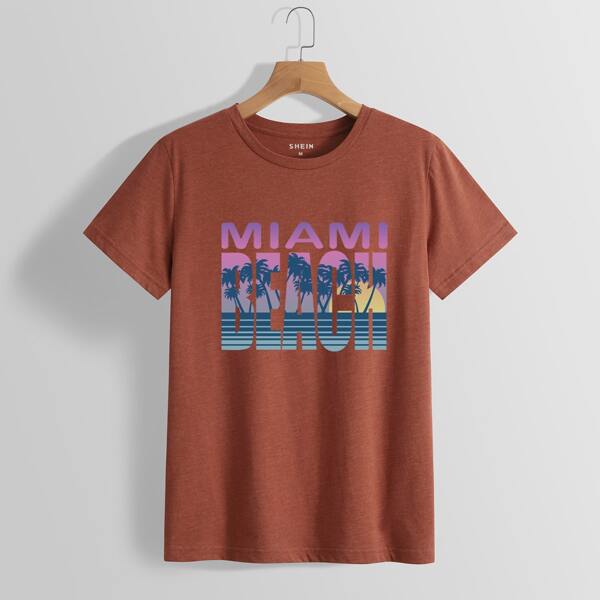 

Letter And Tropical Print Tee, Rust brown