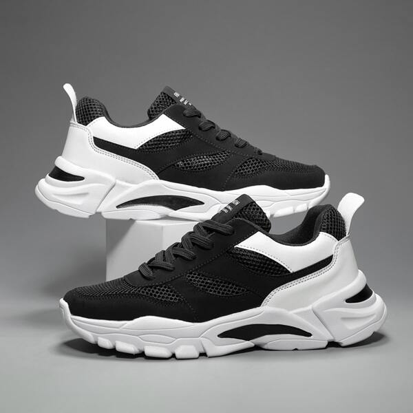 

Men Two Tone Lace Up Front Sneakers, Black and white