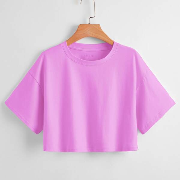

Solid Round Neck Crop Tee, Lilac purple