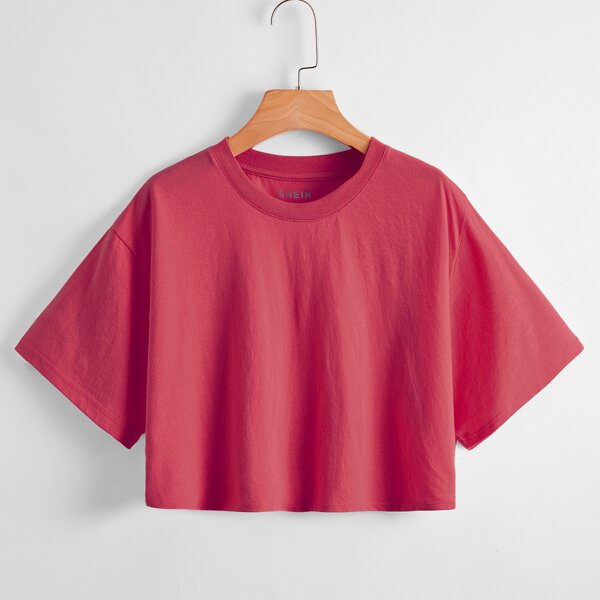 

Solid Round Neck Crop Tee, Rose red