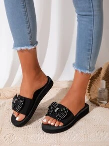 Rhinestone & Bow Decor Slides - Black - View 1