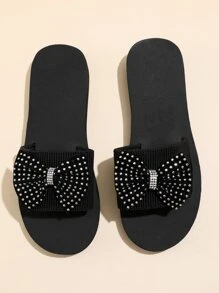 Rhinestone & Bow Decor Slides - Black - View 4