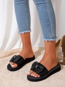 Rhinestone & Bow Decor Slides - Black - View 6