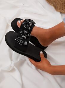 Rhinestone & Bow Decor Slides - Black - View 7