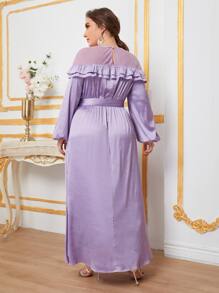 SHEIN Belle 大碼網紗肩部燈籠袖自腰帶洋裝