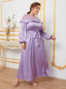 SHEIN Belle 大碼網紗肩部燈籠袖自腰帶洋裝