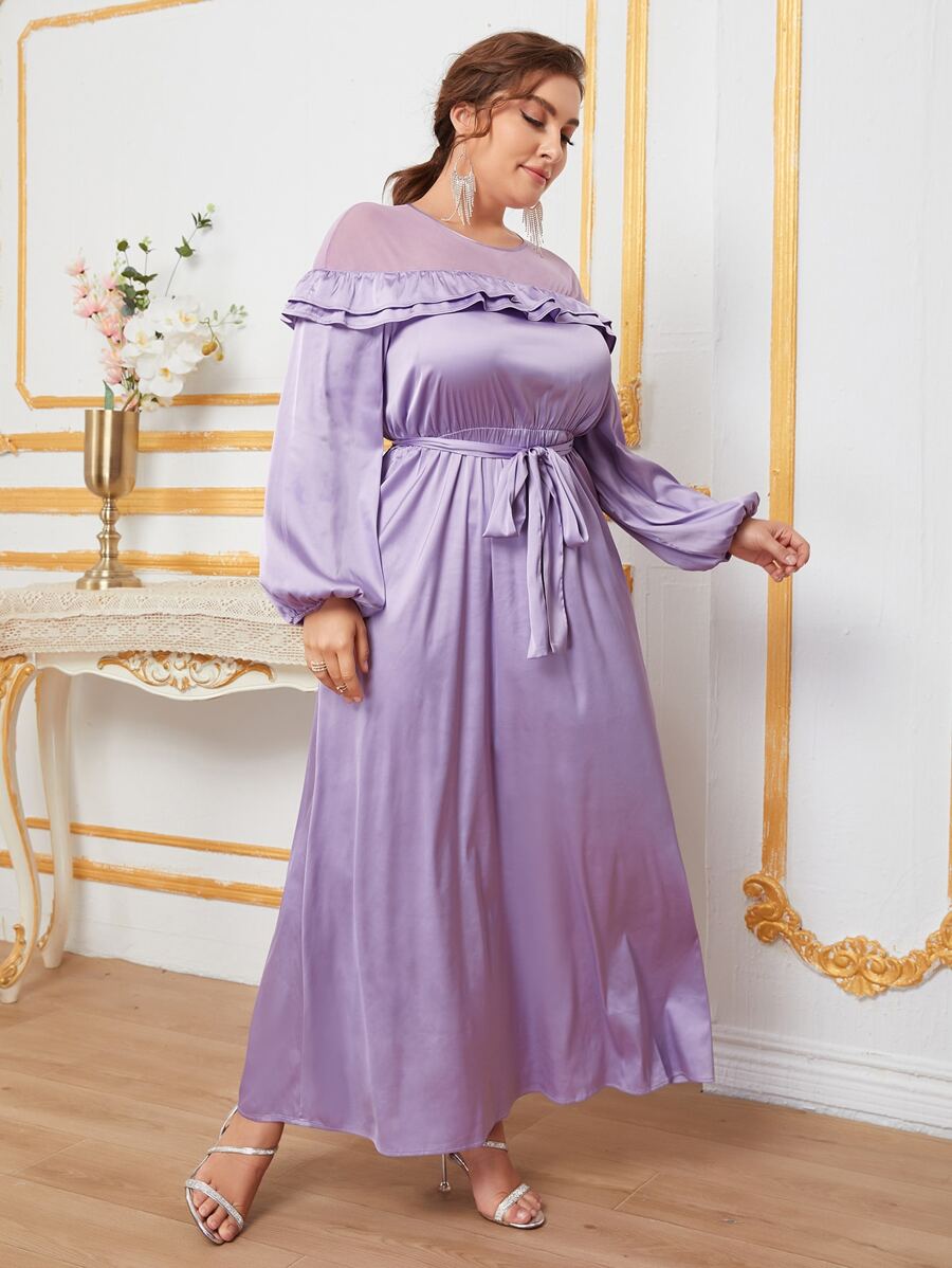 SHEIN Belle 大碼網紗肩部燈籠袖自腰帶洋裝