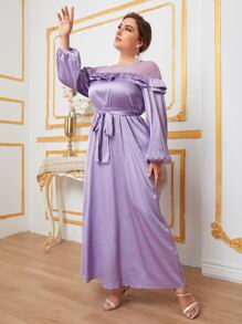 SHEIN Belle 大碼網紗肩部燈籠袖自腰帶洋裝