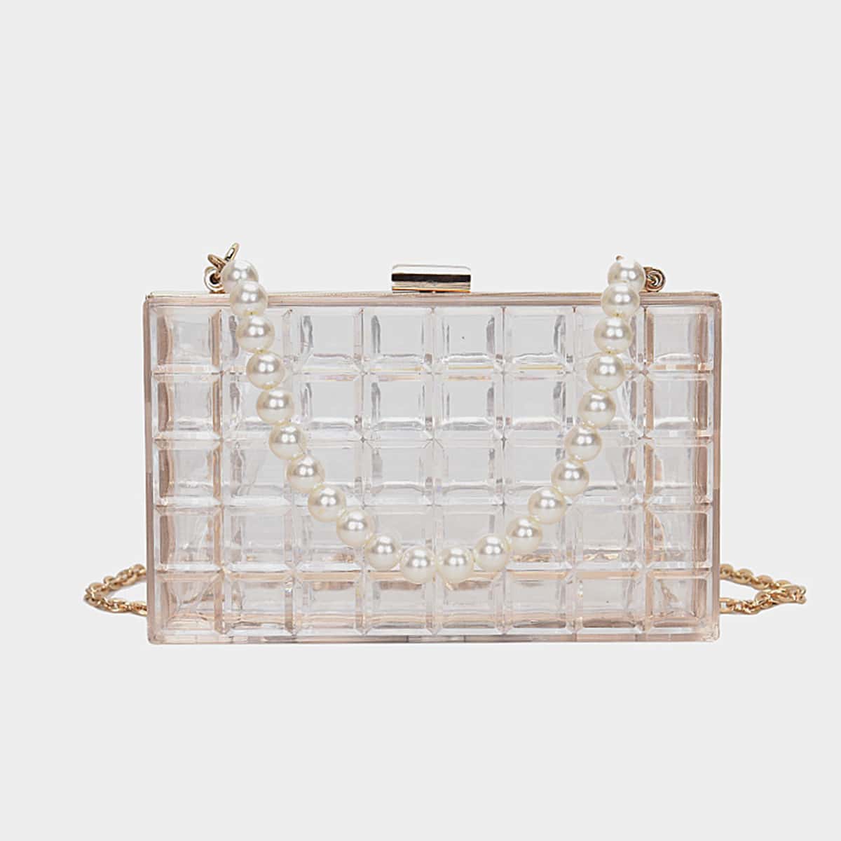 

Faux Pearl Handle Clear Box Bag, Beige