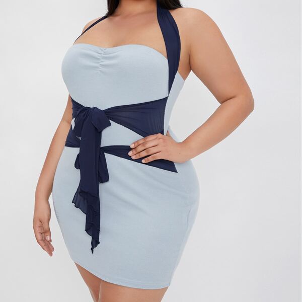 

Plus Tie Front Backless Bodycon Dress, Blue