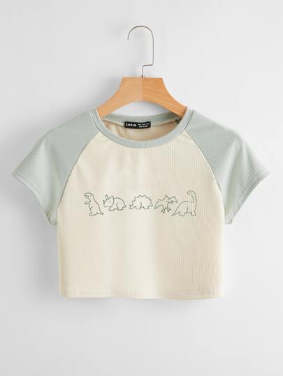 SHEIN EZwear Camiseta corta con estampado de dinosaurio de dibujos animados