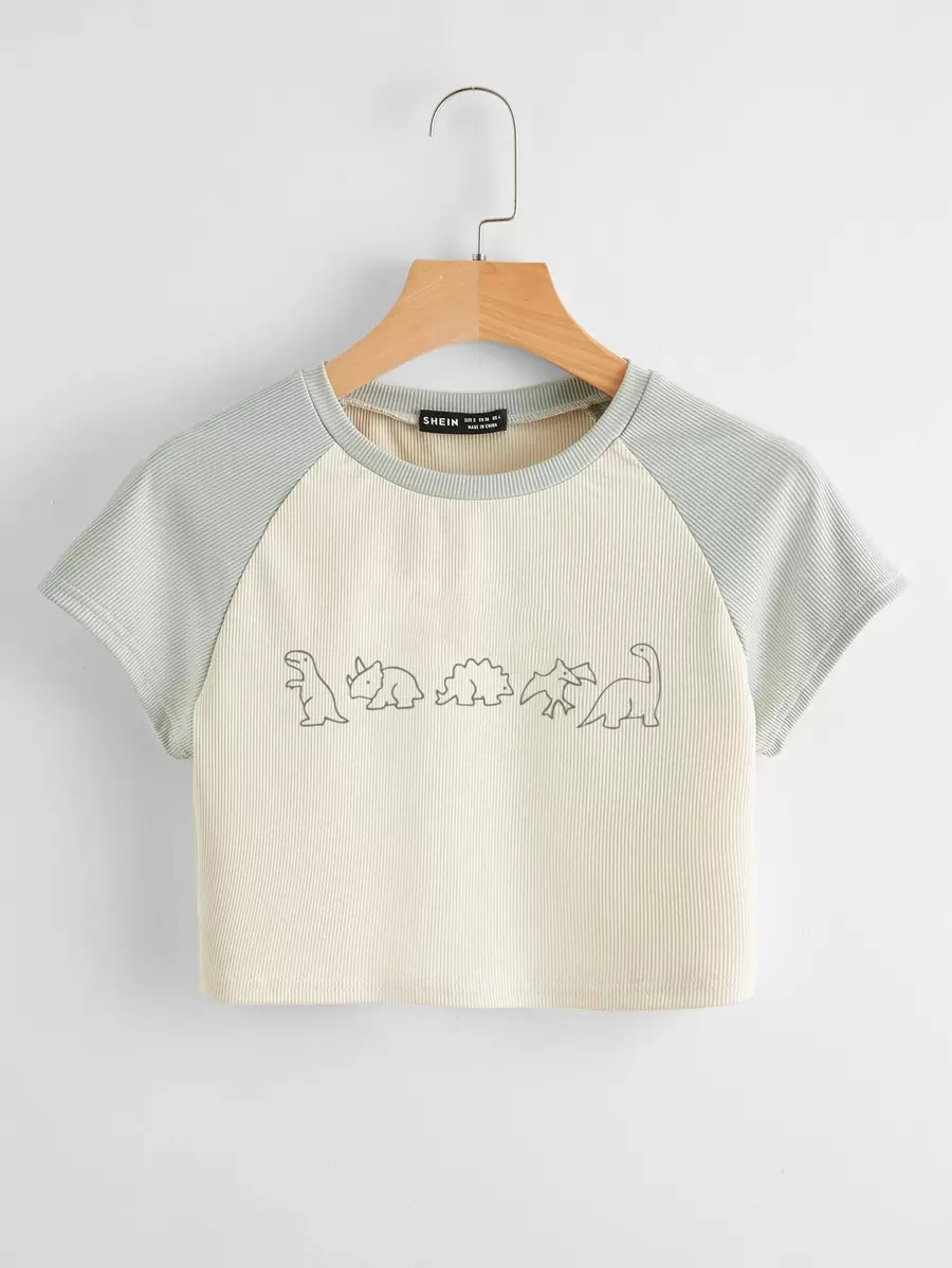 SHEIN EZwear Cartoon Dinosaur Print Crop Tee