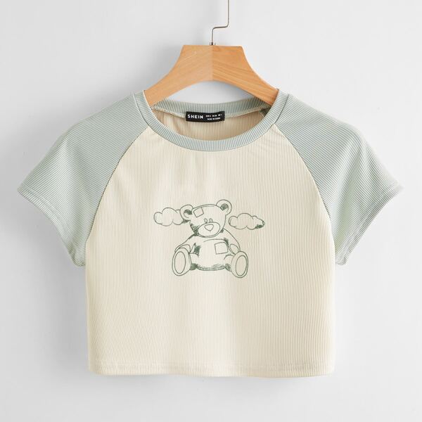 

Cartoon Print Rib-Knit Raglan Sleeve Tee, Multicolor