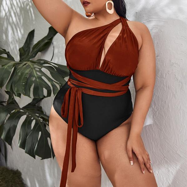 

Plus Two Tone One Shoulder One Piece Swimsuit, Multicolor