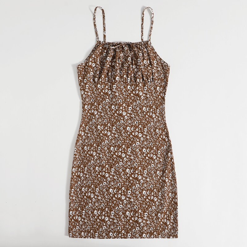 

Ditsy Floral Ruched Bust Cami Dress, Brown