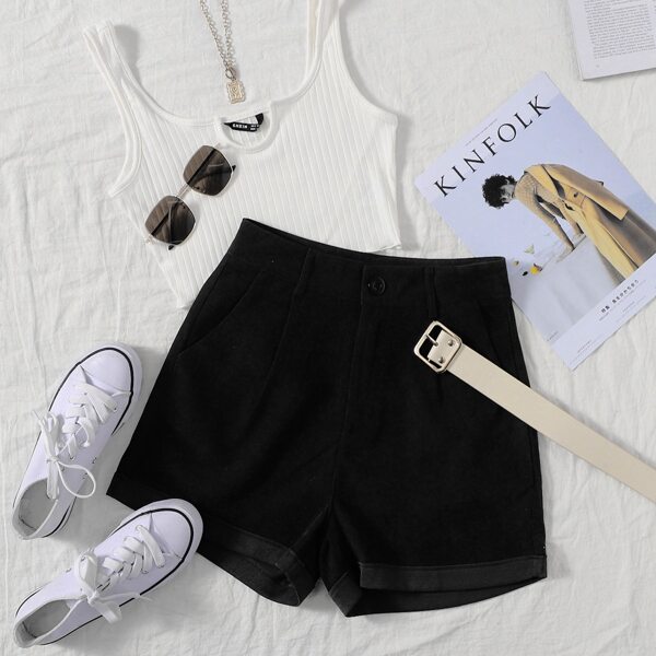 

Zip Fly Fold Pleated Cuffed Shorts, Black