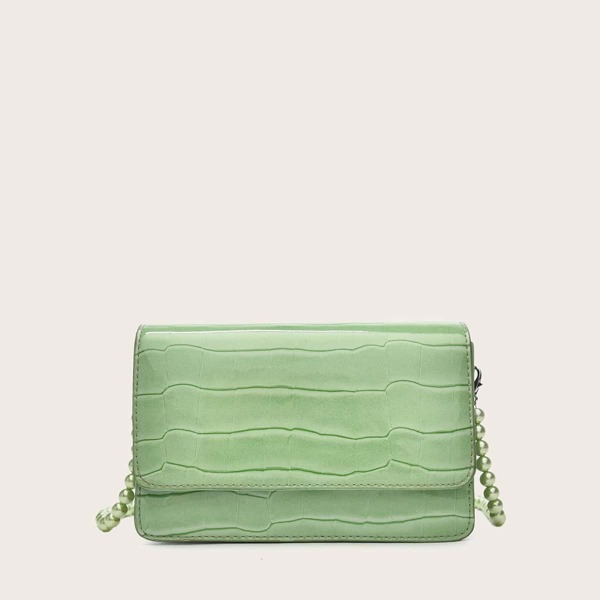 

Faux Pearl Strap Croc Embossed Square Bag, Green