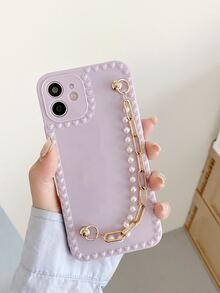 Faux Pearl Hand Strap Phone Case - Purple - View 2