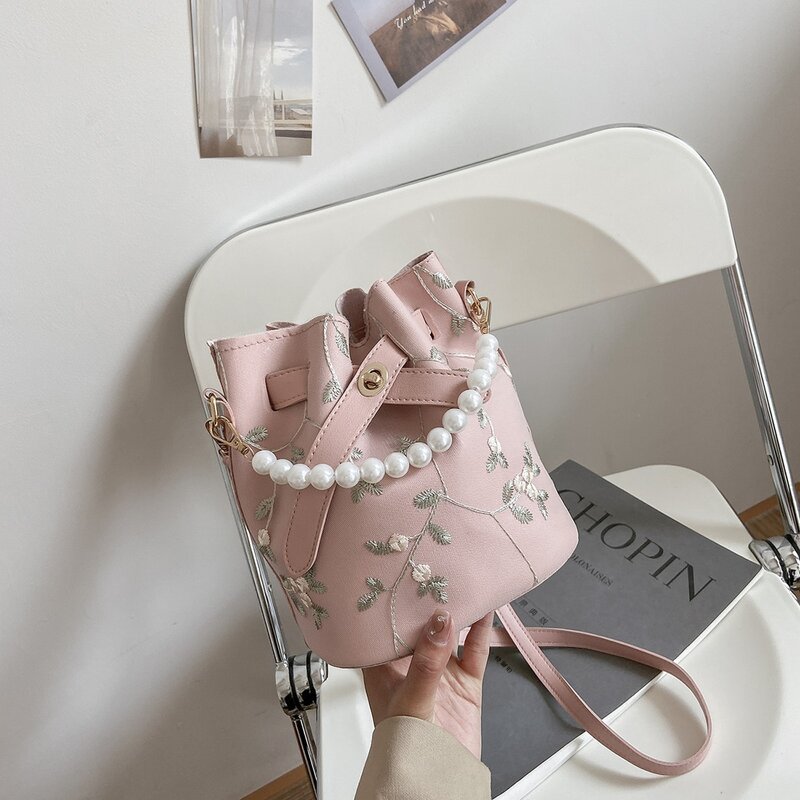 

Faux Pearl Floral Embroidery Bucket Bag, Baby pink