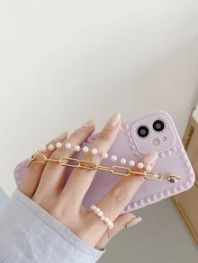 Faux Pearl Hand Strap Phone Case - Purple - View 4