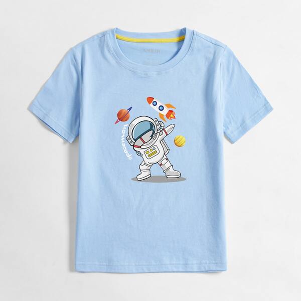 

Toddler Boys Cartoon Astronaut & Letter Graphic Tee, Baby blue